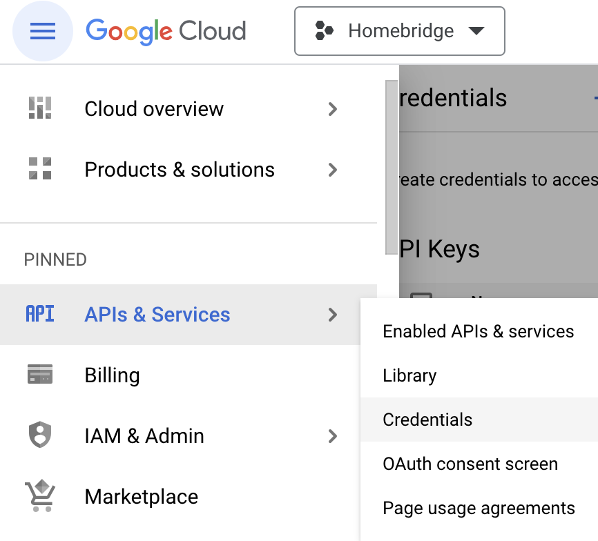 Navigating to credentials menu