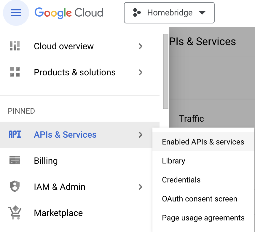 Enabled apis and services menu